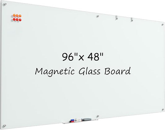 MaxGear Glass Whiteboard, Tempered Magnetic Dry Erase Board 96 x 48 Inch, Frameless Wall Mounted, Office Classroom Conference Room Home Use, Includes Markers, Eraser, Magnets & Mounting Kit