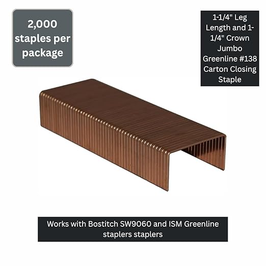 Klinch-Pak K-SW9060-1-3/8, 1-3/8" Leg by 1-1/4" Crown Jumbo Greenline #138 Carton Closing Staples, 2000 per Package, Bostitch SW9060, ISM Greenline staplers, closing Double/Triple Corrugated Cardboard