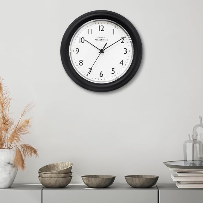 Presentime & Co. 8.5" Modern Farmhouse Essential Wall Clock, Silent Non Ticking, Black Color. (Wall Clock for Office, Home, Bathroom, Kitchen, Bedroom, and School)