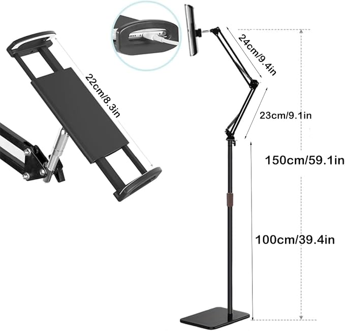 Hosann Century Tablet Floor Stand Holder[59“Height Adjustable] 360° Rotatable Metal Tablet Stand,with Heavy Duty Base for 4.7-12.9” Devices,iPad Pro Air Mini,Kindle,Tabs,E-Readers