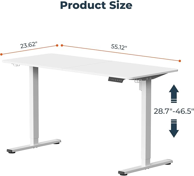 FitStand Adjustable Stand Up Desk with Memory Preset, Standing Desks 55 x 24 Inch Electric Home Office Desk Computer Workstation Splice, White Top + White Frame