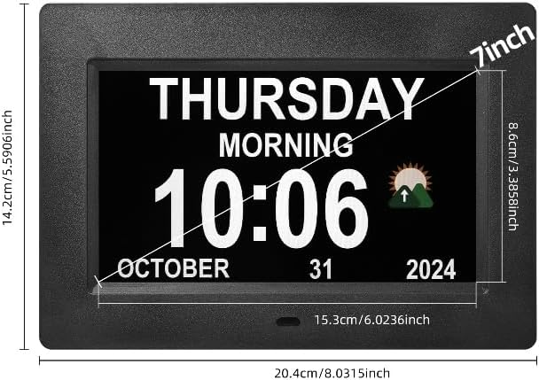 Memwake 7-Inch Digital Watch, Large Font Display, 3 Display Modes, Many Alarms and Medication Alerts for Seniors and Alzheimer Patients (Black) (Black, 7-inch)