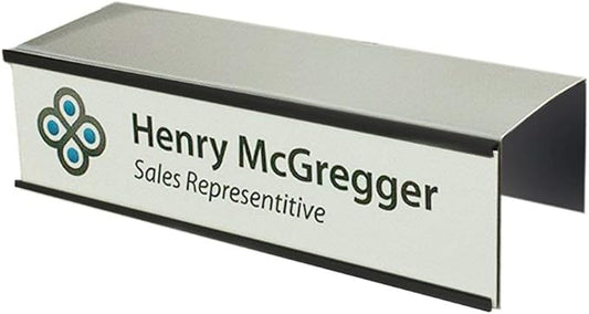 Over the Cube The Original Quality Aluminum, Changeable Cubicle Nameplate Holder, Satin Silver Base, and Matte Black Name Plate Holder, (2.25" cubicle wall depth) - Made in the USA