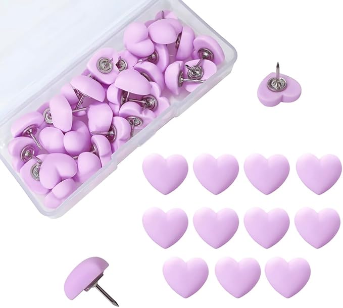 Aoxsie 28pcs Decorative Cute Push Pins Heart Purple Thumbtacks Thumb Tacks Pushpins for Bulletin Cork Boards Office Products