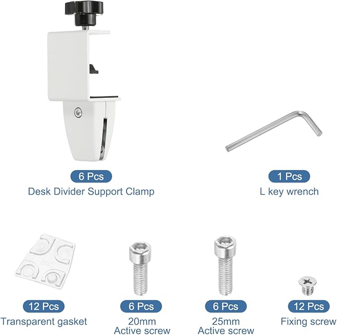 PATIKIL 6 Pcs 1/8" to 1/2" Adjustable Desk Divider Partition Clips, Aluminum Sneeze Guard Support Clamps Desktop Divider Clips for Offices Stores,Counter Privacy Panel,White