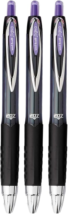Advantage Gifts Signo 207 Roller Ball Retractable Gel Pens, Medium Point (0.7mm), Purple Ink, 3 Count, Bundle with Plastic Reusable Pouch