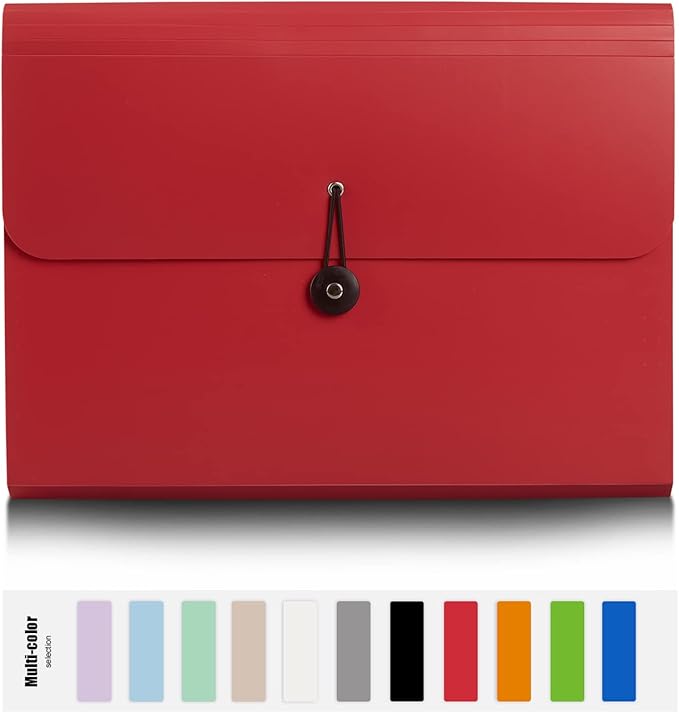 Nicfaec Expanding File Folder with 13 Pockets, Red, Polypropylene, 12.99" x 9.45" x 1.1"