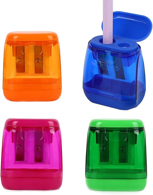 Colored Manual Pencil Sharpeners in Bulk, BOPART 24pcs Small Handheld Pencil Sharpener Dual Holes with Lid for Kids Adults at Classroom School Office Home (4Pcs Sharpeners - D)