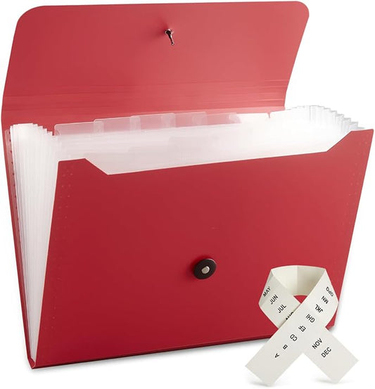 Nicfaec Expanding File Folder with 13 Pockets, Red, Polypropylene, 12.99" x 9.45" x 1.1"