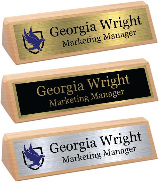 Custom Desk Wedge Name Plate - Personalized Titles and Styles (2x8 Inch, Solid Oak - w/Name Plate)