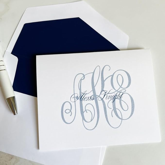 Classic Monogrammed Name Folded Notes – Raised Ink Personalized Stationery Set with Envelopes – Premium Custom Thank You & Correspondence Cards (25 Pack)