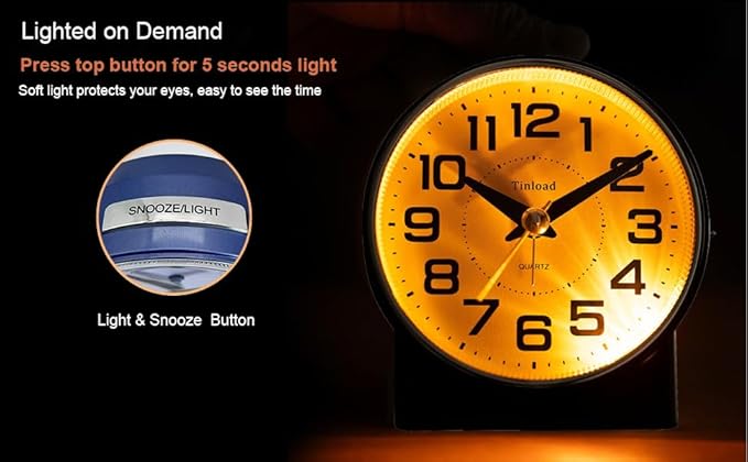 Tinload 4.3" No Ticking Analog Alarm Clock,Silent Readable for Seniors,Easy to Set,Gradual Rise Alarm,Big Numbers,On/Off Switch on Side,Gentle Wake,Snooze,Lighted on Demand,Battery Operated,Blue