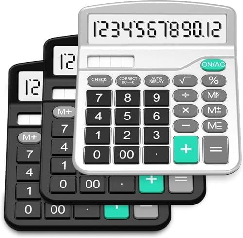 Solar & AA Battery Dual Power Electronic Calculator - 12-Digit Large Display (2 Basic Black & 1 Updated Silver)