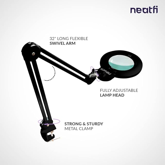 Neatfi XL Bifocal LED Magnifying Lamp, 7-Inch Acrylic Lens, 5D/20D Magnification, Hands-Free, Dimmable, 168SMD LEDs, Adjustable Arm for Crafts, Reading, Close Work (Black, CCT with Clamp)