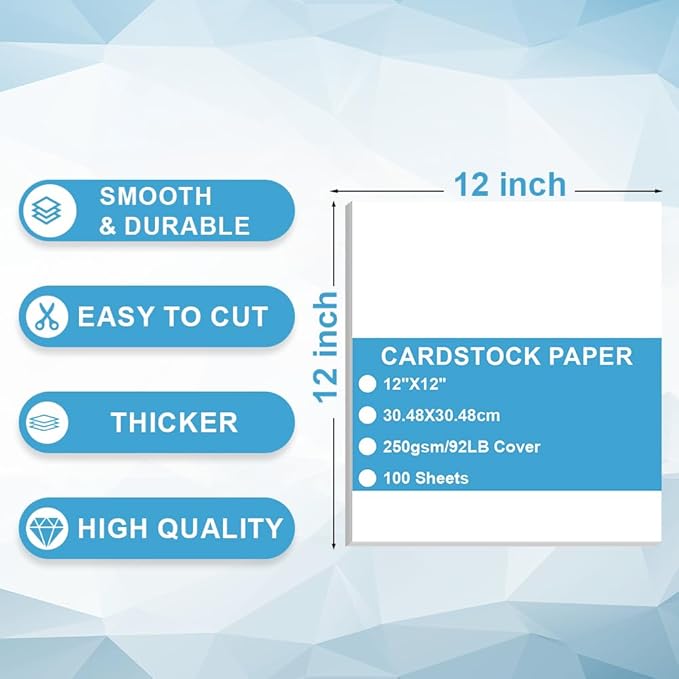 Cardstock Paper - Plain Heavy White Stock, Cover Stock Paper, 92lb(250 gsm) Cover Stock Paper, 12" x 12", 100 Sheets, Cardstock Paper for Printer, Resume, Scrapbooks, Art, Crafts, Business Cards