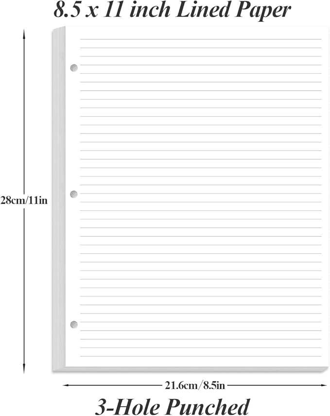 3-Hole Lined Refill Paper, Letter Size Punched Ruled Filler, 100 Sheets / 200 Pages, 100gsm White Paper, 8.5'' x 11''