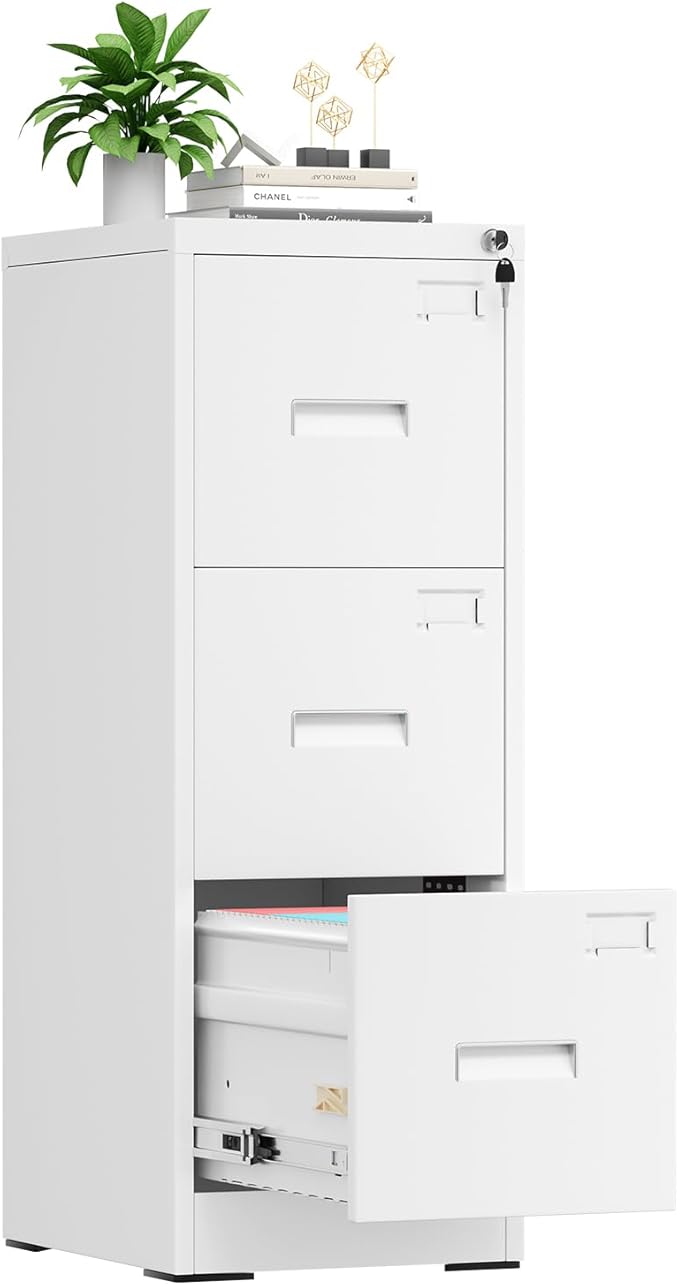 INTERGREAT 3 Drawer File Cabinet, White Metal Filing Cabinet with Lock, Locking Tall File Cabinets with 4 Adjustable Hanging Frame for Home Office, Name Tag