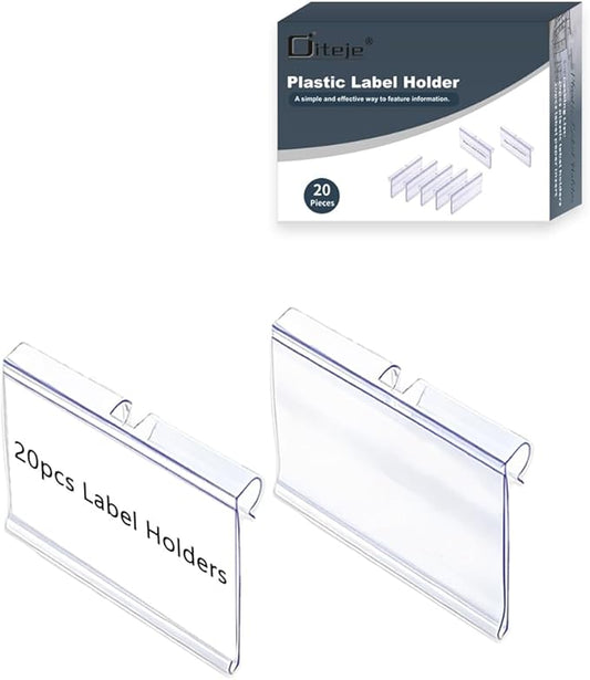 Diteje 20 Pack Plastic Wire Shelf Label Holder,Shelving Rack Retail Sign Hook Labels Clip On with Paper Inserts,2.36x1.50inch