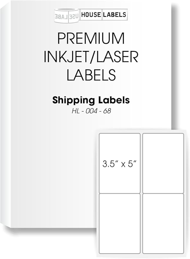 HOUSELABELS 4-up Shipping Labels (3-1/2" x 5") for Laser and Inkjet Printers, 1,000 Sheets