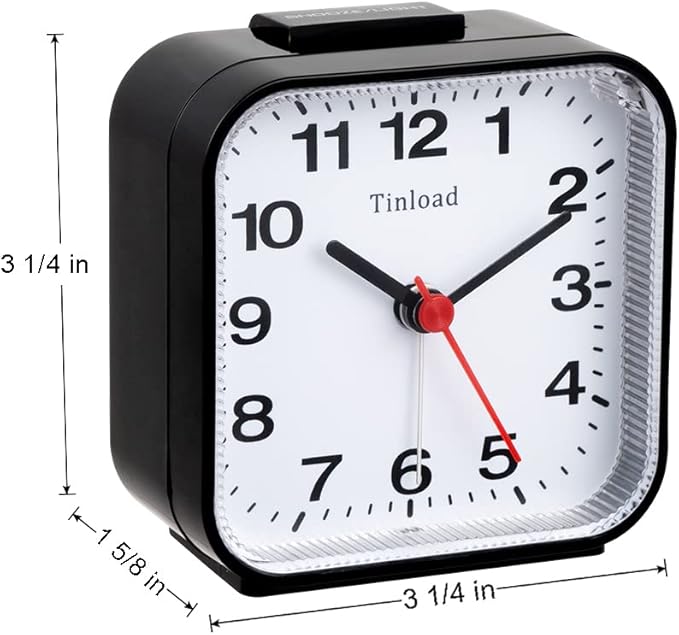 Tinload Small Battery Analog Alarm Clock Silent Non Ticking, Ascending Beep Sounds, Snooze,Light Functions (Black-B)
