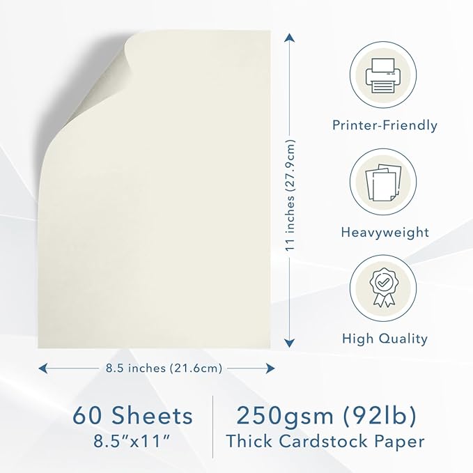 MOS Off-White Cardstock Paper 8.5 x 11 Inch (60 Sheets) — Heavyweight Cream Card Stock for Invitations, Menus, Certificates, Crafting, Business, Printer Compatible