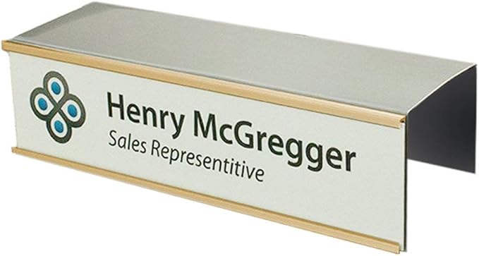Over the Cube The Original Quality Aluminum, Changeable Cubicle Nameplate Holder, Satin Silver Base, and Polished Yellow Gold Name Plate Holder, (2.75" cubicle wall depth) - Made in the USA
