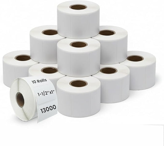 1 1/2" × 1" Direct Thermal Printer Labels, 10 Rolls, 13,000 Matte White Thermal Barcode Labels with Strong Adhesive, Compatible with Zebra & Eltron Printers (No Ink or Toner Needed)
