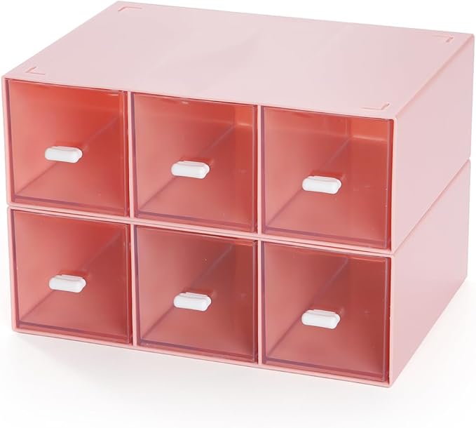 OSteed Desktop Drawers, Desk Organizer with 6 Drawers, Stackable Plastic Storage Box for Home Collection, Cosmetics, Jewelry, Office Supplies (2 Tall Layers, Pink)