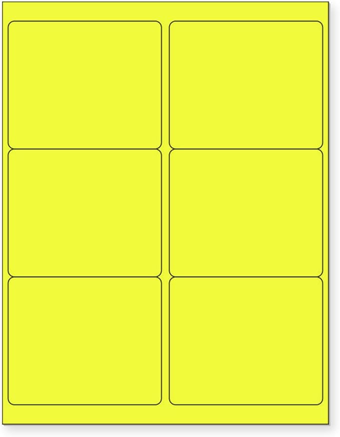 8-1/2 x 11 Neon Color High Light Fluorescent Labels for Laser & Inkjet Printer (Yellow Fluorescent, 4" x 3-1/3" - 6 Per Page | 300 Labels)