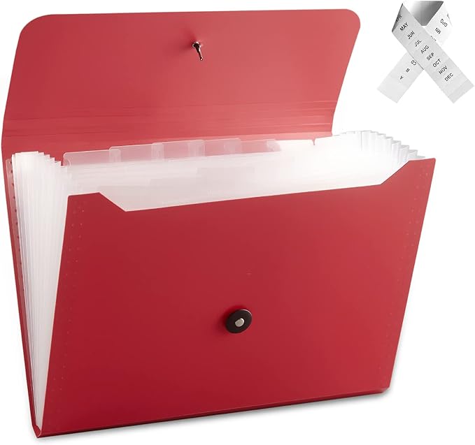 Nicfaec Expanding File Folder with 13 Pockets, Red, Polypropylene, 12.99" x 9.45" x 1.1"