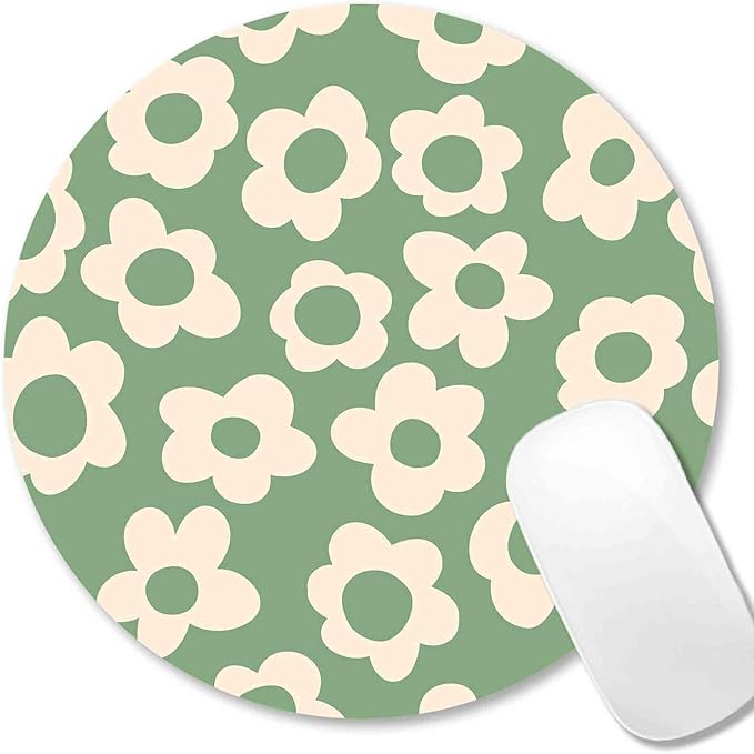 IMAYONDIA Green Round Mouse Pad, Vintage Groovy Flowers Mousepad Small, Non-Slip Rubber Base Modern Mouse Pad for Computer,Laptop,Office, Circular Decor Cute Design Assecories for Girls Kids