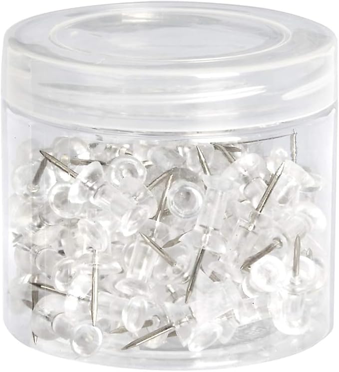 Amazon Basics Push Pins Tacks, Steel Point, Clear Plastic Head, for Bulletin Board, Maps, Posters, and Craft Projects, 100-Pack