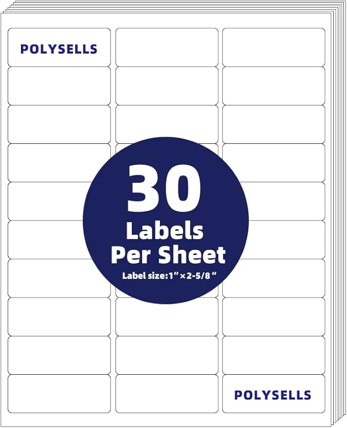 POLYSELLS 1" x2-5/8 Self Adhesive Address Labels, 30UP Blank Shipping Labels, FUSKU, FBA Mailing Labels for Inkjet and Laser Printer, 15000 Sticker Labels (500 Sheets), 30 Labels per Sheet