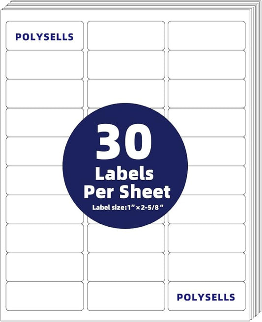 POLYSELLS 1" x2-5/8 Self Adhesive Address Labels, 30UP Blank Shipping Labels, FUSKU, FBA Mailing Labels for Inkjet and Laser Printer, 7500 Sticker Labels (250 Sheets), 30 Labels per Sheet