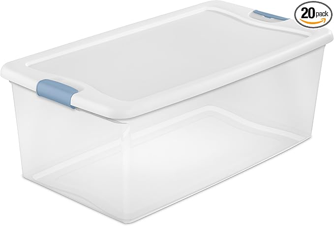 Sterilite 20-Pack Latching Box, Under Bed Storage Bins with Lids, Clear Plastic, 106 Quart - Heavy-Duty Organizing Containers for Closet, Bathroom, and Office