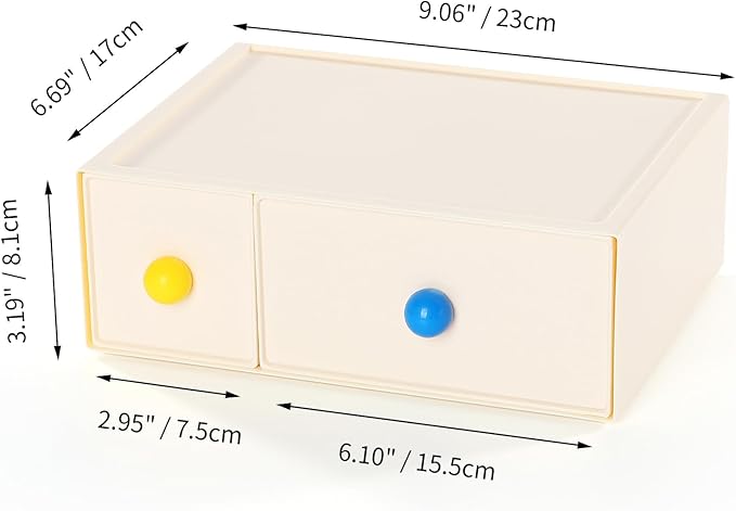 OSteed Desktop Drawers, Desk Organizer with 2 Drawers & Dopamine Handles, Stackable Plastic Storage Box for Home Collection, Cosmetics, Office Supplies (1 Tall Layer, Cream)