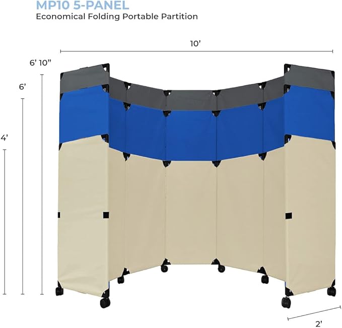 Versare MP10 Portable Folding Wall Partition | Economical 5 Panel Design | Portable Room Divider On Wheels | Adjustable, Freestanding Setup | Multiple Widths