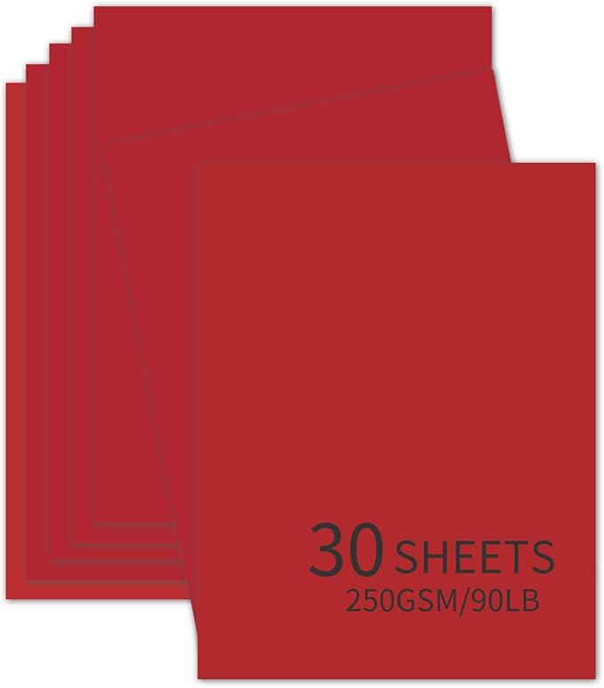 30 Sheets Red Cardstock 8.5'' x 11'', 250gsm/90lb Heavyweight Cover Cardstock Paper, Thick and Smooth Card Stock Perfect for Invitations, Menus, DIY Cards, Arts and Crafts