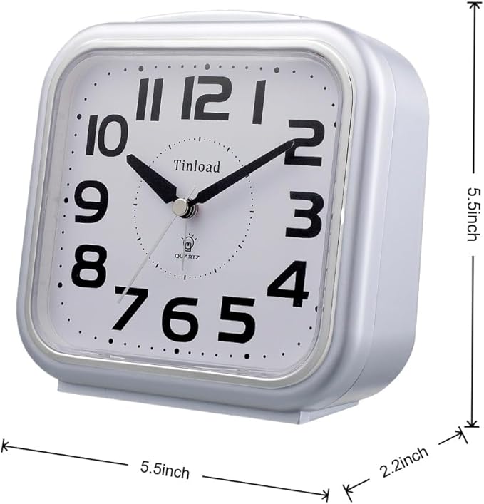 Tinload 5.5" Large Analog Alarm Clock Silent Non Ticking, Gentle Wake, Beep Sounds, Increasing Volume, Battery Operated Snooze and Manual Light, Easy Set, Silver