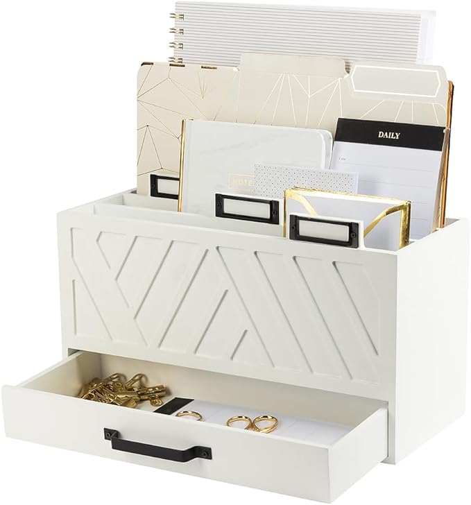 BLU MONACO White Desktop Mail Organizer with Drawer | Three-Tier Wooden Mail Holder with Gold Label Holders | Countertop Document and Bill Organizer for Home or Office
