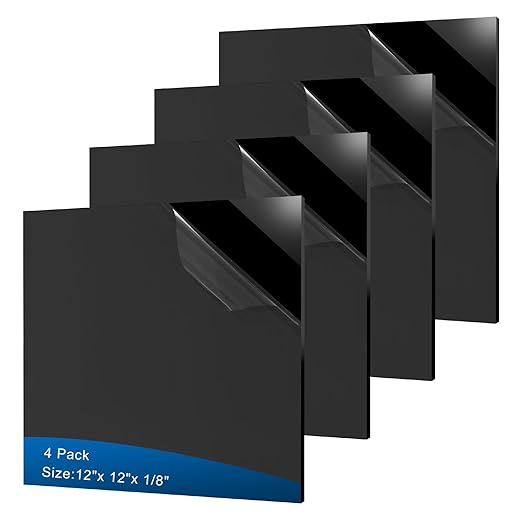 4 Pieces Black Acrylic Sheet, 12 x 12 Inch 1/8 Inch Thick, Black Cast Plexiglass Sheets for DIY Display, Handcraft, Home Decor, Painting, Display Stand, Photo Frame, Easy to Cut