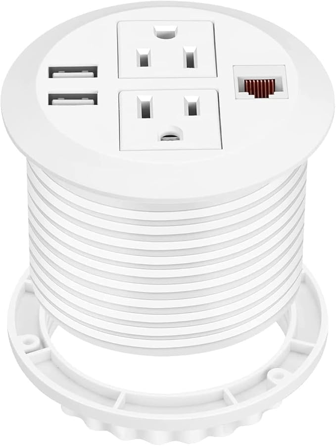 Power Grommet 3 Inch for Desktop, Recessed Desk Outlet with 2USB, 2 AC, 1 Network RJ45 Port & 10Ft Cord, Flush Mount Power Strip Table Power Hub for Countertop, Office, Furniture(White)