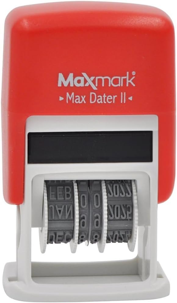 MaxMark Self-Inking Rubber Date Office Stamp with Due by Phrase & Date - Red Ink (Max Dater II), 12-Year Band
