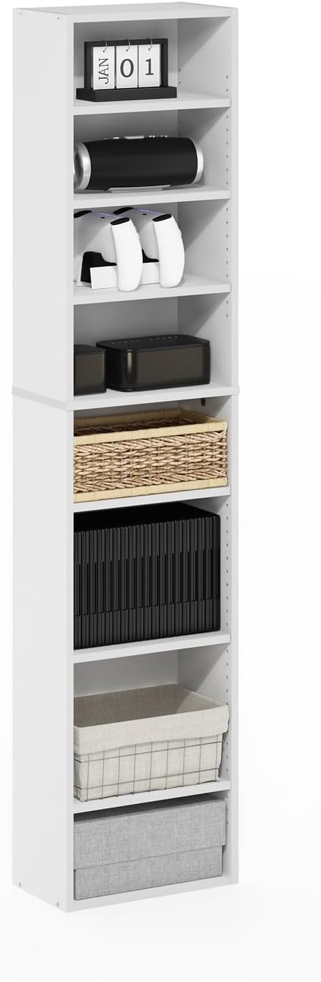 Furinno Indo DVD Shelf, 8-Tier CD Rack, Media Shelf with Adjustable Shelves, DVD Storage Cabinets for CD Blueray Game Disc, Easy Assembly, for Living Room, Home Office, White