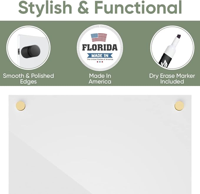 Ships Next Day, Made in USA - Acrylic Dry Erase Board | Non-Magnetic Dry Erase Board | Hanging Frameless White Board | Acrylic for Office, School and Home Walls | for Kids & Adults (White - 24x30)