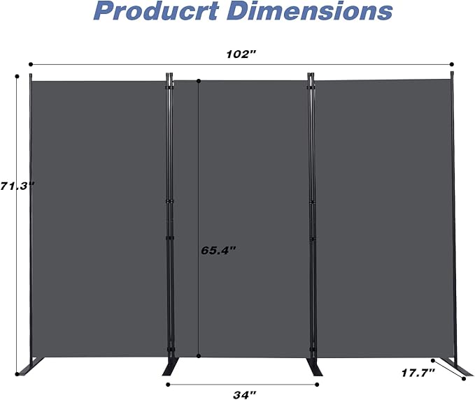 CHOSENM Room Divider, 3 Panel Folding Privacy Screens with Wider Support Feet, 6 Ft Portable Room Partition for Room Separator, 102" W X 71" H, Grey