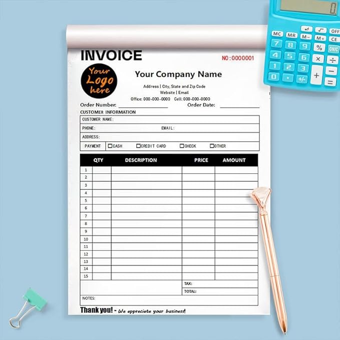 Custom Carbonless Sales Invoice Form Books for Small Business, Personalized NCR 2-Part Receipt Book with Carbon Copies, Cover Add Company Name, Address and Number Printed