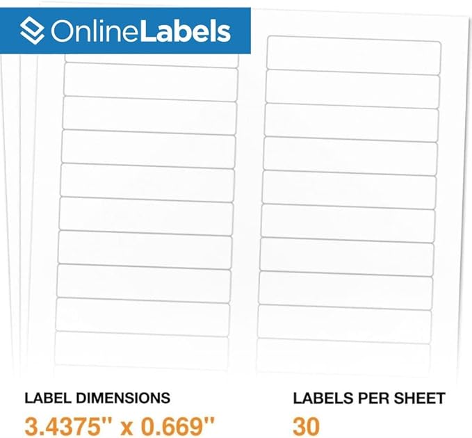 3.434 x 0.667 File Folder Labels - Pack of 300 Labels, 10 Sheets - Inkjet or Laser Printer - Online Labels