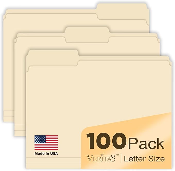 Manilla Folders 8.5 x 11 File Folders Letter Size Manila Folder with 1/3 Cut Tab 100 Pack Paper Folders for Office, School, Home, Business Filing Supplies Made in USA