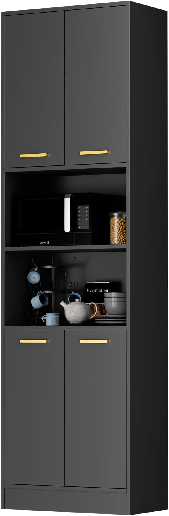Cozy Castle Kitchen Pantry Cabinet, 75" Tall Wood Storage Cabinet with Doors and Shelves, 4 Doors Open Countertop Utility Hutch Cupboard for Dining Room Living Room Bathroom Furniture, Black